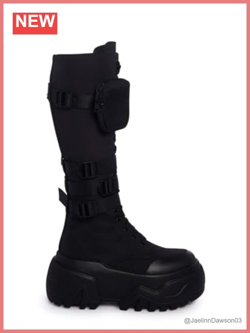 Chunky Knee-High Combat Boots with Zipper Pockets, Buckle Straps, Platform Sole
